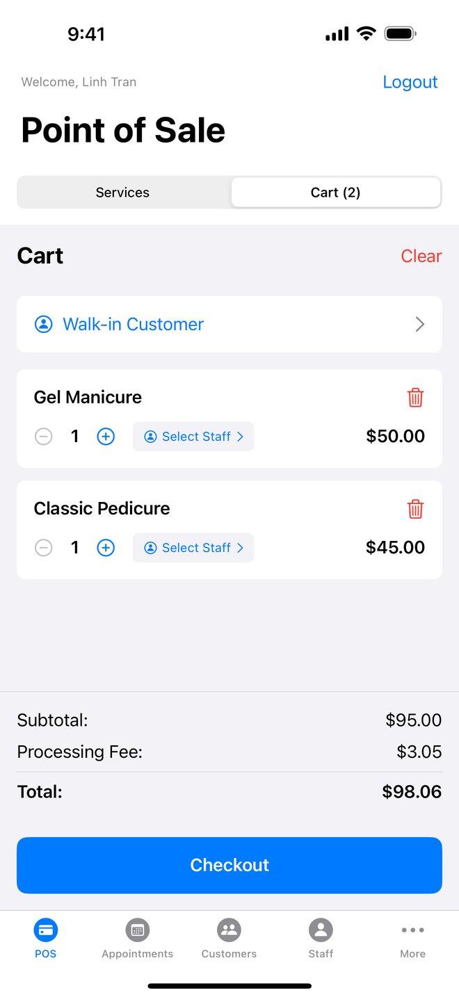 Checking out two services in the BeautyDesk point of sale
